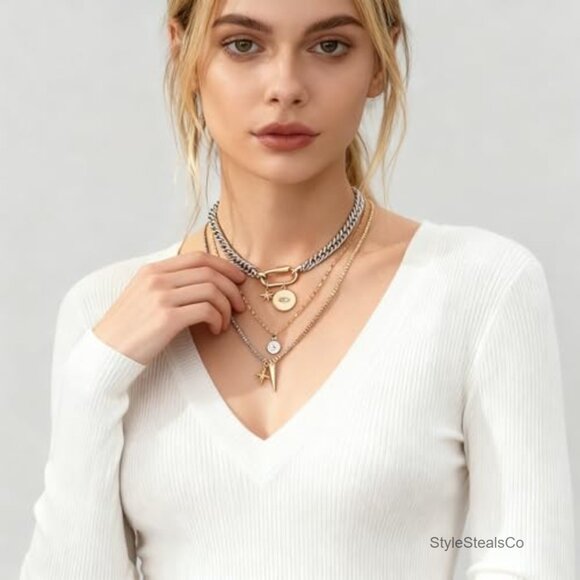3-Piece Mixed Metal Layered Necklace Set with Evil Eye & Star Charms - Picture 4 of 6